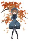  1girl :d autumn_leaves beatrice_(princess_principal) black_footwear black_scarf blue_dress bonnet brown_hair closed_eyes cross-laced_footwear dress facing_viewer full_body gloves grey_legwear highres holding holding_leaf leaf looking_at_viewer official_art open_mouth princess_principal princess_principal_game_of_mission scarf smile solo standing transparent_background white_gloves 