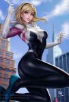 1girl artist_name ass blonde_hair blue_eyes bodysuit building city clouds freckles gwen_stacy hairband highres hood light_smile looking_at_viewer marvel midair mirco_cabbia parted_lips patreon_reward realistic short_hair signature silk skyscraper smile solo spandex spider-gwen spider-man_(series) spider_web superhero watermark 