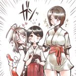  3girls bangs black_hair brown_eyes brown_hair closed_eyes cowboy_shot emphasis_lines hachimaki hakama headband high_ponytail hyuuga_(kantai_collection) japanese_clothes kantai_collection kasuga_maru_(kantai_collection) light_brown_hair long_hair looking_at_viewer multiple_girls nontraditional_miko owju_(ouju) ponytail red_hakama ribbon-trimmed_sleeves ribbon_trim short_hair short_sleeves swept_bangs taiyou_(kantai_collection) undershirt zuihou_(kantai_collection) 