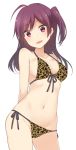  1girl :d ahoge animal_print arms_behind_back bare_arms bare_shoulders bikini breasts cleavage collarbone contrapposto cowboy_shot eyebrows_visible_through_hair front-tie_bikini front-tie_top groin hagikaze_(kantai_collection) kantai_collection leopard_print long_hair looking_at_viewer medium_breasts midriff nagami_yuu navel one_side_up open_mouth purple_hair side-tie_bikini smile solo stomach swimsuit transparent_background 