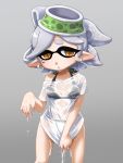  +_+ 1girl bikini black_bikini breasts brown_eyes commentary_request cowboy_shot domino_mask earrings food food_on_head grey_background grey_hair hotaru_(splatoon) jewelry looking_at_viewer ma2da mask medium_breasts mole mole_under_eye no_pants object_on_head off_shoulder parted_lips pointy_ears see-through shirt shirt_tug short_hair short_sleeves simple_background solo splatoon splatoon_1 standing swimsuit t-shirt tentacle_hair wet wet_clothes wet_hair wet_shirt white_shirt 