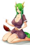  1girl bare_legs barefoot black_neckwear breasts choker cleavage closed_mouth dragon_girl dragon_horns dragon_tail dream_demon dress eyebrows_visible_through_hair eyes_visible_through_hair green_hair holding horns huge_breasts looking_at_viewer mimikaki mole mole_under_mouth original patting_lap pointy_ears purple_dress red_eyes short_sleeves simple_background sitting smile solo tail wariza white_background 