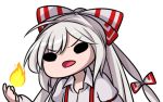  1girl angry bow chibi commentary fire fujiwara_no_mokou hair_bow long_hair looking_at_viewer open_mouth silver_hair simple_background solid_circle_eyes solo speckticuls suspenders touhou v-shaped_eyebrows white_background 
