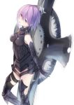  1girl armor armored_dress bare_shoulders black_legwear breasts cowboy_shot elbow_gloves fate/grand_order fate_(series) gloves highres keid lavender_hair looking_at_viewer parted_lips shield shielder_(fate/grand_order) short_hair small_breasts solo violet_eyes 