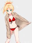  1girl bangs bikini blonde_hair blush brown_jacket cowboy_shot eyebrows_visible_through_hair fate/grand_order fate_(series) green_eyes grin ica jacket long_hair long_sleeves looking_at_viewer mordred_(swimsuit_rider)_(fate) navel ponytail red_bikini saber_of_red scrunchie smile solo standing swimsuit twitter_username v-shaped_eyebrows 
