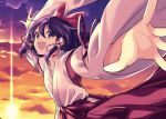  1girl bow hair_bow hair_ornament hakurei_reimu hakurei_reimu_(pc-98) japanese_clothes katayama_kei long_hair miko open_mouth purple_hair smile sunset touhou touhou_(pc-98) violet_eyes wide_sleeves 