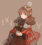  1girl brown_background brown_hair green_eyes little_match_girl long_hair looking_at_viewer matchbox matchgirl matchstick metawin plaid plaid_scarf pom_pom_(clothes) scarf standing winter_clothes 