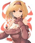  1girl bangs blonde_hair breasts brown_eyes cleavage cleavage_cutout detached_collar djeeta_(granblue_fantasy) eyebrows_visible_through_hair granblue_fantasy hairband highres koretsuki_azuma long_sleeves looking_at_viewer medium_breasts off-shoulder_sweater open_mouth ribbed_sweater short_hair smile solo sweater upper_body 
