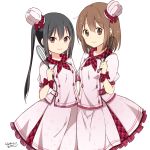  2girls alternate_costume black_hair blush brown_eyes brown_hair commentary_request hair_ornament hairclip hirasawa_yui holding k-on! long_hair multiple_girls nakano_azusa ragho_no_erika simple_background smile twintails white_background 