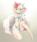  1girl absurdres animal_ears armpits arms_behind_head arms_up artist_name bare_legs blush breasts bright_pupils cleavage flower food food_on_body front-tie_bikini front-tie_top full_body gradient gradient_background hair_flower hair_ornament highres looking_at_viewer malpoi mouth_hold multiple_tails popsicle sandals short_hair short_shorts shorts simple_background sitting small_breasts solo striped_bikini_top tail white_hair 