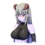  1girl bangs bare_shoulders black_gloves blue_skin blush breasts closed_mouth crop_top demon_horns dream_demon elbow_gloves embarrassed erect_nipples eyebrows_visible_through_hair gloves hair_between_eyes horns impossible_clothes large_breasts long_hair looking_at_viewer monster_girl original pointy_ears purple_skin red_eyes silver_hair simple_background skin_tight slit_pupils solo upper_body v-shaped_eyebrows white_background 