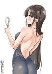  1girl alternate_costume ass bare_arms bare_back bare_shoulders black_dress black_eyes black_hair blush breasts character_request closed_mouth cowboy_shot cup dress drinking_glass ebifurya eyebrows_visible_through_hair formal from_behind highres holding jewelry kantai_collection long_hair medium_breasts necklace open-back_dress profile simple_background solo twitter_username white_background wine_glass 