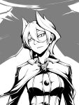  1girl cape dream_demon greyscale hair_between_eyes jacket looking_to_the_side made_in_abyss monochrome ozen parted_lips short_hair smile solo upper_body whistle 