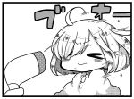  &gt;_&lt; 1girl :&gt; ahoge black_border blush border bubble chibi closed_eyes eyebrows_visible_through_hair fate/grand_order fate_(series) greyscale hair_over_one_eye halftone highres jako_(jakoo21) monochrome onomatopoeia short_hair simple_background solo_focus v-shaped_eyebrows white_background 