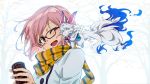  1girl :d anime_coloring bare_tree black-framed_eyewear creature eyebrows_visible_through_hair fate/grand_order fate_(series) glasses highres holding long_sleeves looking_at_another on_shoulder one_eye_closed open_mouth outdoors pink_eyes pink_hair scarf shielder_(fate/grand_order) short_hair smile tomato_(lsj44867) tree 