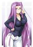  1girl absurdres breasts casual cleavage denim fate/stay_night fate_(series) glasses hand_on_hip highres jeans large_breasts long_hair looking_at_viewer mature pants purple_hair rider sangyou_haikibutsu_a shirt smile solo standing very_long_hair violet_eyes 