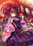  1girl akabane_(zebrasmise) architecture autumn_leaves bow brown_hair c: commentary_request east_asian_architecture falling_leaves fish goldfish hair_bow hair_ribbon highres lampion long_hair looking_at_viewer meiji_schoolgirl_uniform oriental_umbrella original ribbon smile solo umbrella violet_eyes wind 