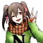  1girl brown_hair fingernails green_sweater hair_between_eyes hand_up jewelry long_fingernails long_sleeves looking_at_viewer love_live! love_live!_school_idol_project nail_polish one_eye_closed red_eyes red_nails ring scarf simple_background smile solo tongue tongue_out twintails upper_body vice_(kuronekohadokoheiku) w white_background yazawa_nico 