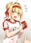  1girl ahoge bangs blurry blush depth_of_field eyebrows_visible_through_hair fate/grand_order fate_(series) food gradient gradient_background gym_shirt hair_intakes hands_up highres holding konka looking_at_viewer name_tag open_mouth out_of_frame pocky pocky_day pov saber_extra shirt sidelocks smile solo_focus 