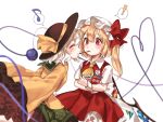  ! ascot bangs black_hat blonde_hair blush closed_eyes dress flandre_scarlet floral_print food frilled_sleeves frills green_skirt hat hat_ribbon highres holding imminent_kiss komeiji_koishi long_sleeves miniskirt musical_note pocky pocky_kiss red_dress red_eyes ribbon shan shared_food short_dress side_ponytail simple_background skirt smile spoken_exclamation_mark spoken_musical_note third_eye touhou white_background white_hair wide_sleeves wings wrist_cuffs yellow_ribbon yuri 