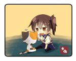  1girl :d animal artist_name black_legwear blue_hakama brown_eyes brown_hair cat hair_between_eyes hakama hakama_skirt japanese_clothes kaga_(kantai_collection) kantai_collection open_mouth short_hair side_ponytail sitting smile solo taisa_(kari) tasuki thigh-highs 