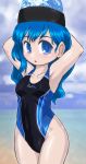  1girl arms_behind_head black_swimsuit blue_eyes blue_hair competition_swimsuit cowboy_shot earth_(ornament) hecatia_lapislazuli looking_at_viewer one-piece_swimsuit open_mouth polos_crown solo standing swimsuit touhou winn 