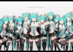  6+girls ^_^ anniversary aqua_eyes aqua_hair bare_arms black_legwear blush character_name closed_eyes detached_sleeves hatsune_miku highres jumping letterboxed long_hair miniskirt multiple_girls multiple_persona necktie one_eye_closed saihate_(d3) skirt smile standing standing_on_one_leg thigh-highs twintails vocaloid white_background zettai_ryouiki 