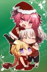  1girl 2boys 2girls :d ahoge bangs bikini black_legwear black_ribbon blonde_hair blush braid breasts chibi christmas christmas_tree christmas_tree_costume cleavage_cutout closed closed_eyes dress eyebrows_visible_through_hair fang fate/apocrypha fate_(series) from_side fur_trim garter_straps gloves hair_ornament hair_ribbon hat horn long_braid long_hair looking_at_another looking_at_viewer male_focus midriff multicolored_hair multiple_boys multiple_girls open_mouth pink_eyes pink_hair red_bikini red_dress red_gloves red_legwear red_ribbon red_shirt ribbon rider_of_black ruler_(fate/apocrypha) santa_costume santa_gloves santa_hat shirt shoes short_hair short_sleeves shorts sieg_(fate/apocrypha) silver_hair single_braid skirt smile swimsuit thigh-highs thighhighs_under_boots trap tusia two-tone_hair very_long_hair violet_eyes yaoi 