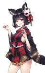  1girl :d animal_ears ayami_(annahibi) azur_lane bangs bell black_hair black_kimono blush bob_cut breasts cat_ears cat_mask claw_pose commentary_request contrapposto cowboy_shot eyebrows_visible_through_hair fang hair_ornament hair_ribbon hands_up highres japanese_clothes jingle_bell kimono looking_at_viewer mask mask_on_head medium_breasts open_mouth red_eyes ribbon shide short_hair short_kimono sideboob sidelocks simple_background smile solo standing tareme thighs white_background wide_sleeves yamashiro_(azur_lane) 