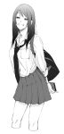  1girl :d absurdres arms_behind_back bag bangs breast_pocket cellphone cropped_legs greyscale highres holding holding_phone long_sleeves looking_at_viewer monochrome necktie open_mouth original phone pleated_skirt pocket school_bag school_uniform shirt shoulder_bag simple_background skirt smartphone smile solo standing vice_(kuronekohadokoheiku) white_background 