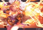  1girl blonde_hair breasts cowboy_shot facial_mark fate/grand_order fate_(series) ibaraki_douji_(fate/grand_order) japanese_clothes kimono looking_at_viewer omo_(utakatadice) oni oni_horns parted_lips small_breasts smile solo tattoo wide_sleeves yellow_eyes 