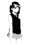  1girl attsun_(atsushi_jb) bangs blunt_bangs blush collared_shirt cowboy_shot greyscale hand_on_own_chest long_sleeves looking_at_viewer monochrome necktie original parted_lips pleated_skirt shirt short_hair simple_background skirt solo standing vest white_background wing_collar 