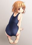  1girl all_fours ass barefoot brown_hair from_behind gradient gradient_background grey_background highres looking_at_viewer looking_back original red_eyes school_swimsuit shibacha_(shibacha_0728) short_hair solo swimsuit wavy_hair 