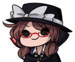  1girl bow brown_hair capelet chibi commentary eyelashes glasses hat hat_bow looking_at_viewer low_twintails lowres red-framed_eyewear simple_background smile solid_circle_eyes solo speckticuls touhou twintails usami_sumireko white_background 