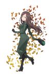  1girl ass autumn_leaves black_footwear black_gloves black_hat black_legwear brown_eyes brown_hair dorothy_(princess_principal) dress full_body gloves green_dress hat highres holding holding_hat long_hair looking_at_viewer official_art princess_principal princess_principal_game_of_mission smile solo standing standing_on_one_leg transparent_background 