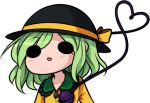  1girl :o chibi commentary curious green_hair hat hat_ribbon heart heart_of_string komeiji_koishi looking_at_viewer lowres open_mouth ribbon short_hair simple_background solid_circle_eyes solo speckticuls third_eye touhou white_background 
