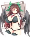  1girl bare_arms between_breasts black_bra black_legwear black_panties bow bra breasts brown_hair cleavage cropped_legs green_bow hair_between_eyes hair_bow highres huge_breasts long_hair looking_at_viewer navel no_pants panties puffy_short_sleeves puffy_sleeves red_eyes reiuji_utsuho short_sleeves sitting solo thigh-highs third_eye touhou uchisukui underwear very_long_hair 