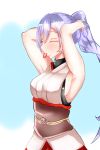  1girl adjusting_hair alternate_hairstyle armpits arms_behind_head arms_up artist_request breasts closed_eyes commentary_request fate/grand_order fate_(series) hair_tie highres japanese_clothes long_hair mouth_hold obi ponytail ribbon_in_mouth sash silver_hair solo tomoe_gozen_(fate/grand_order) tying_hair 