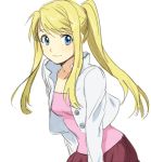  1girl bangs blonde_hair blue_eyes eyebrows_visible_through_hair floating_hair fullmetal_alchemist jacket long_hair looking_away pink_shirt pink_skirt ponytail riru shirt simple_background skirt smile solo_focus white_background white_jacket winry_rockbell 