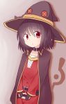  1girl absurdres belt black_hair button_eyes chestnut_mouth collar dress eyebrows_visible_through_hair fingerless_gloves gloves hair_between_eyes hat highres kono_subarashii_sekai_ni_shukufuku_wo! megumin red_dress red_eyes short_hair staff witch_hat 