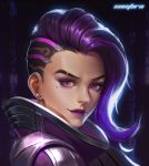  1girl asymmetrical_hair bodysuit character_name coat dark_background earrings eyelashes eyeliner eyeshadow glint gradient high_collar highres jewelry light_smile lipstick long_hair looking_at_viewer makeup mascara mole mole_under_eye nose overwatch parted_lips patterned_background portrait purple_hair purple_lips purple_lipstick realistic solo sombra_(overwatch) stud_earrings turtleneck undercut upper_body violet_eyes zhen_guodong 