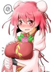  1girl bandage bandaged_arm breast_hold breasts commentary_request highres ibaraki_kasen juliet_sleeves large_breasts long_sleeves looking_at_viewer oshiaki parted_lips pink_eyes pink_hair puffy_sleeves short_hair solo touhou wristband 