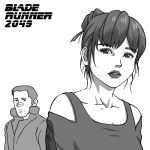  1boy 1girl bandaid bandaid_on_face blade_runner blade_runner_2049 coat commentary_request cyberpunk facial_hair joi k_(blade_runner_2049) kensuke_(55) lips logo looking_at_viewer mole monochrome ponytail science_fiction sketch 
