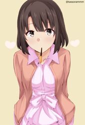  1girl bangs beige_background black_eyes blush bow brown_hair brown_jacket collared_shirt commentary_request eyebrows_visible_through_hair food food_in_mouth head_tilt heart jacket katou_megumi looking_at_viewer mouth_hold pink_bow pink_shirt pocky pocky_kiss saenai_heroine_no_sodatekata shared_food shirt simple_background solo tasora twitter_username upper_body 