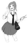  1girl :d absurdres bag breast_pocket cellphone cropped_legs greyscale hand_up highres holding holding_phone looking_at_viewer monochrome necktie open_mouth original phone pleated_skirt pocket school_bag school_uniform shirt shoulder_bag simple_background skirt smartphone smile solo standing vice_(kuronekohadokoheiku) white_background 