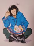  1boy absurdres animal animal_on_lap aoi_saturday bird black_hair black_pants duck facial_hair highres indian_style jewelry mahoujin_guruguru male_focus marker_(medium) necklace pants sitting sly_(mahoujin_guruguru) stubble sweatdrop traditional_media 