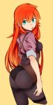  1girl :p amano_tora aqua_eyes ass earrings from_behind highres jewelry kazenoko long_hair looking_at_viewer looking_back necktie orange_hair original simple_background solo tongue tongue_out 