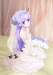  1girl azur_lane bed bed_sheet bridal_veil commentary_request dress elbow_gloves gloves hair_bun hair_ribbon jewelry long_hair looking_at_viewer one_side_up purple_hair ribbon ring rurounin sitting smile solo stuffed_pegasus stuffed_unicorn thigh-highs unicorn_(azur_lane) veil violet_eyes wariza wedding_band wedding_dress white_gloves white_legwear 