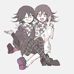  2boys checkered_scarf dangan_ronpa hand_up mamiichi multiple_boys new_dangan_ronpa_v3 one_eye_closed open_mouth ouma_kokichi purple_hair scarf simple_background sitting sitting_on_person smile straitjacket tongue tongue_out violet_eyes 