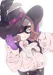  1girl brown_hair closed_eyes commentary_request cravat domino_mask gloves hat hat_feather mask medama_p5 okumura_haru persona persona_5 pink_sweater purple_gloves smile solo sweater underbust 